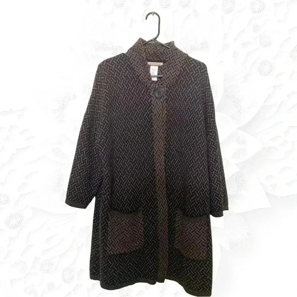 Chiaramente Sweater Heavy Thick Brown Black 70% Wool High Collar 3/4 Sleeves